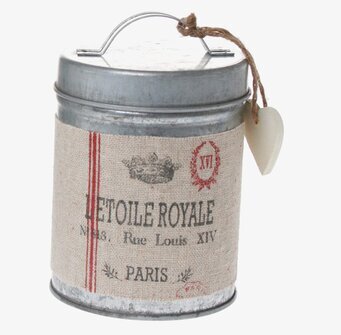 Foto av rustik burk med metallisk yta och tygetikett