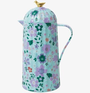 Bild av färgglad termos med blommigt och fågelmotiv