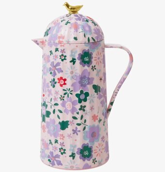 Bild av färgglad termos med blommor och guldfågel