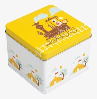 Foto av fyrkantig burk med cirkustema och lekfull design