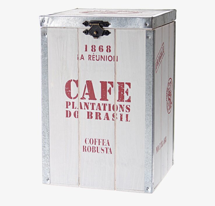 Burk Vintage Cafe från By ON - vit trälåda med röd text