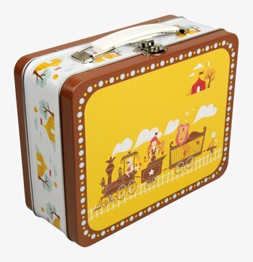 Bild av färgglad matbox med cirkuståg och lejonmotiv