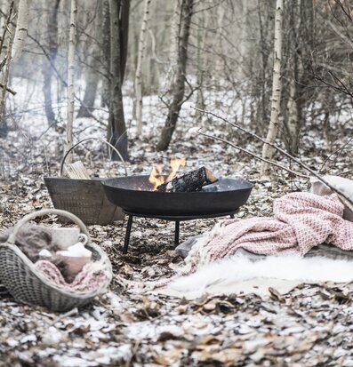 Bild av fridfull skogsmiljö med eldfat och textilier