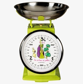 Bild av färgglad köksvåg med grön bas och stålskål