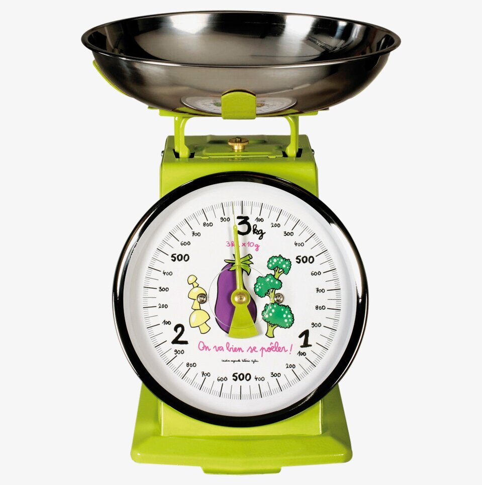 Bild av färgglad köksvåg med grön bas och stålskål