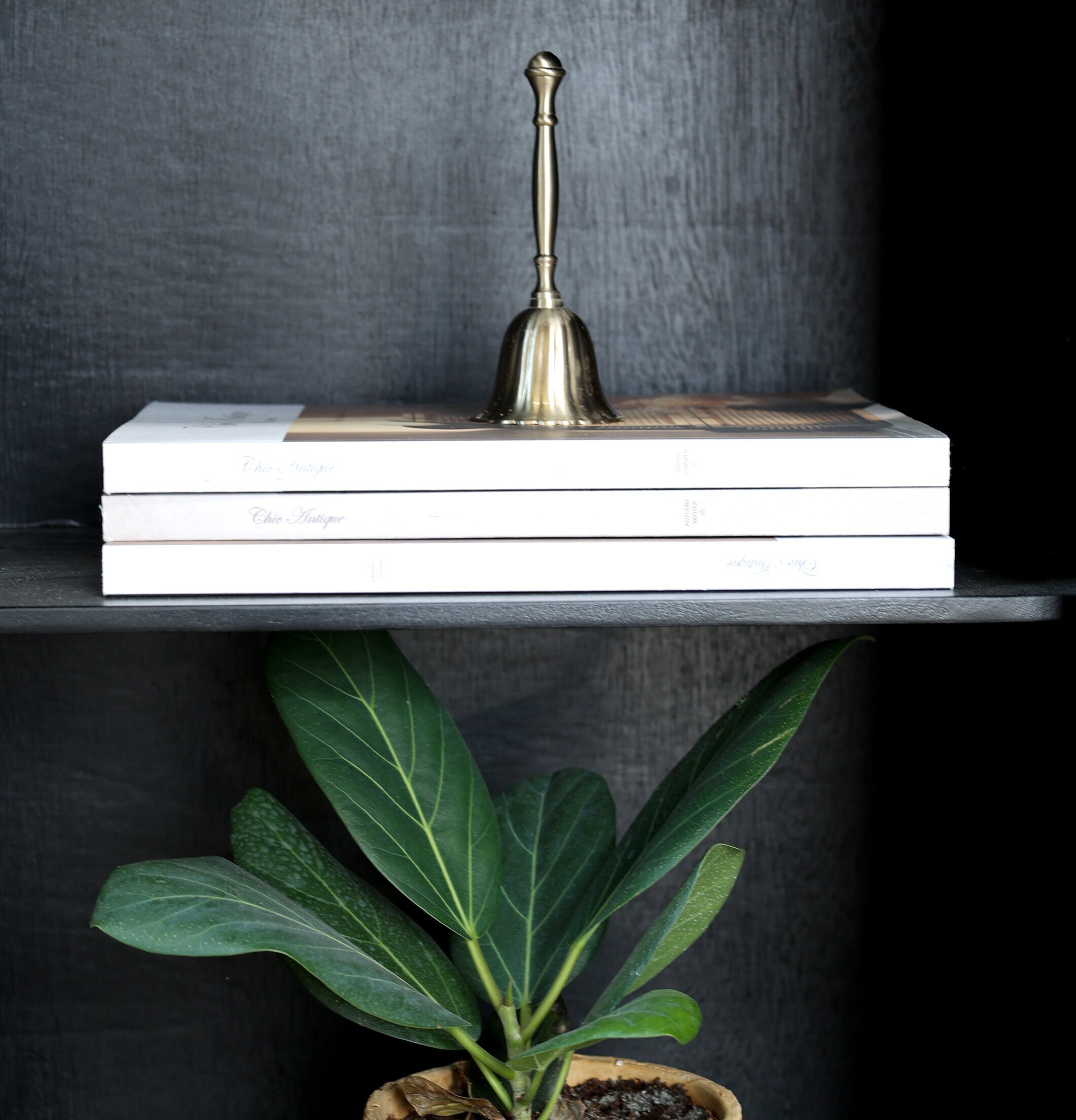 Bild av stilfull hylluppsättning med antik klocka