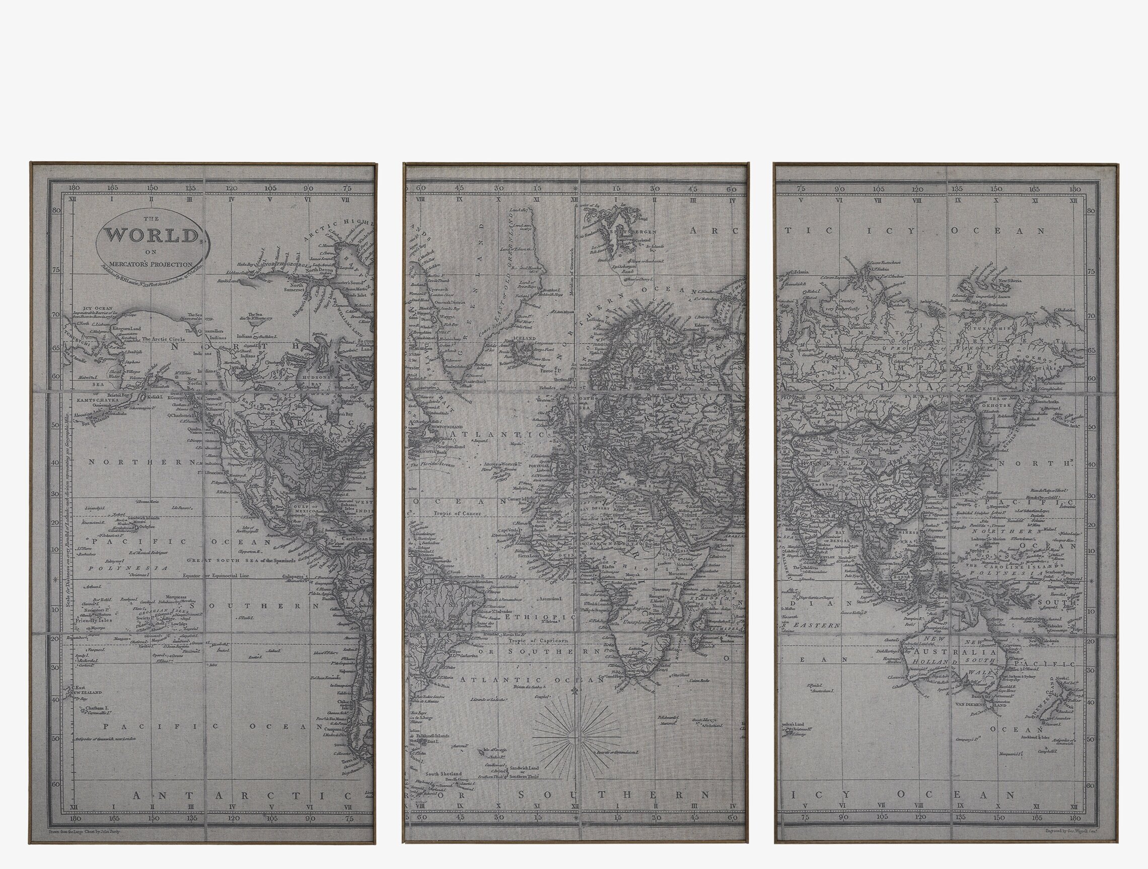 Bild av klassisk världskarta i tre delar för väggar