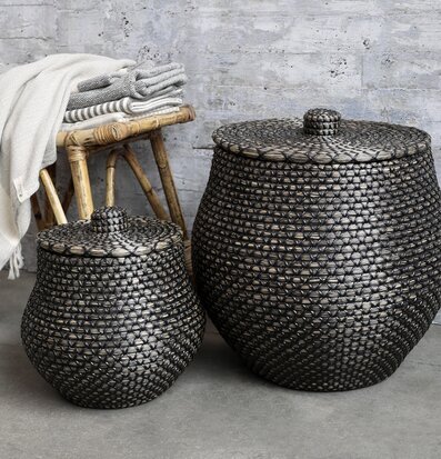 Bild av stilfulla korgar mot industriell bakgrund