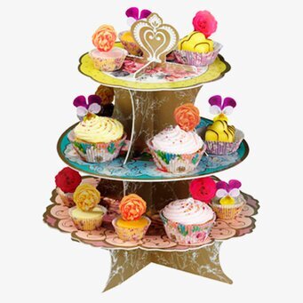 Bild av färgglatt trevåningskakfat med bakverk