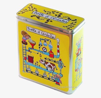 Bild av en gul plåtburk med lekfullt tecknat motiv