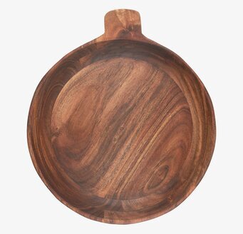 Bild av rund bricka i oljad akaciaträ med handtag