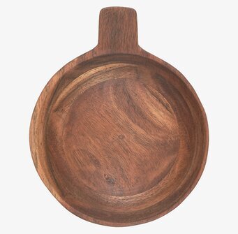 Bild av rund bricka i oljad akacia med handtag