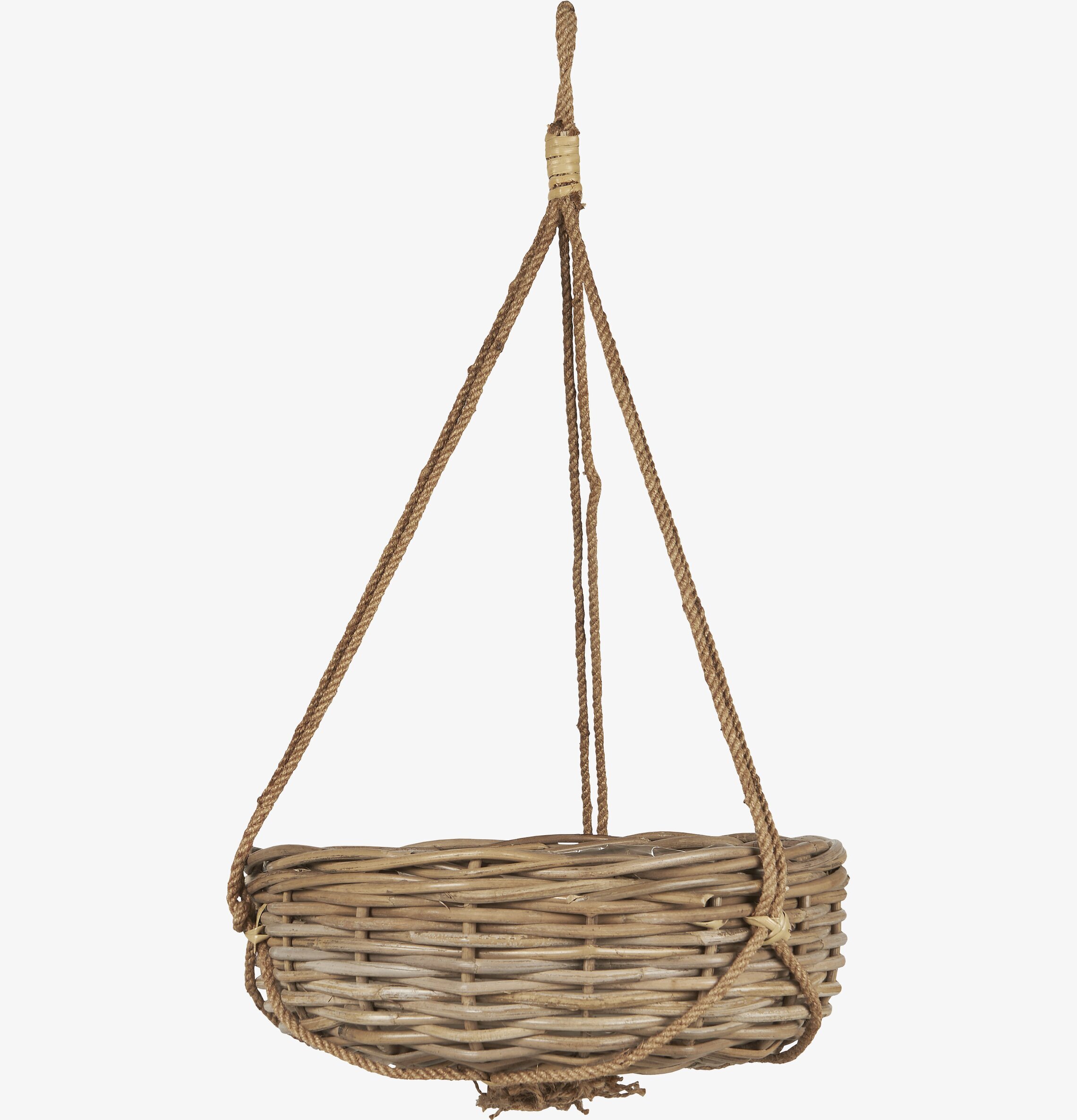 Bild av hängande korgampel i rotting och jute