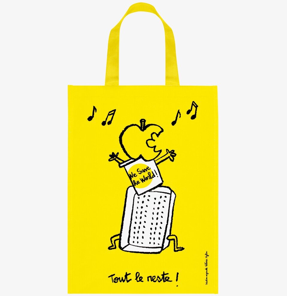 Bild av solgul återvinningskasse med humoristisk design