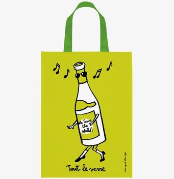 Bild av grön återvinningskasse med humoristisk design