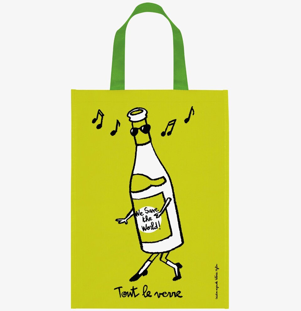 Bild av grön återvinningskasse med humoristisk design