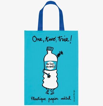 Bild av blå återvinningskasse med miljöbudskap