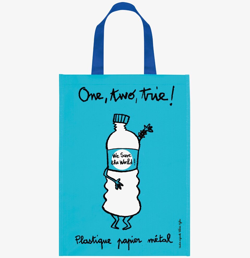 Bild av blå återvinningskasse med miljöbudskap