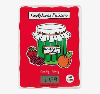 Bild av en färgglad digital köksvåg med syltmotiv