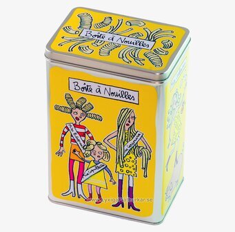 Bild av gul plåtburk för makaroner med lekfull design
