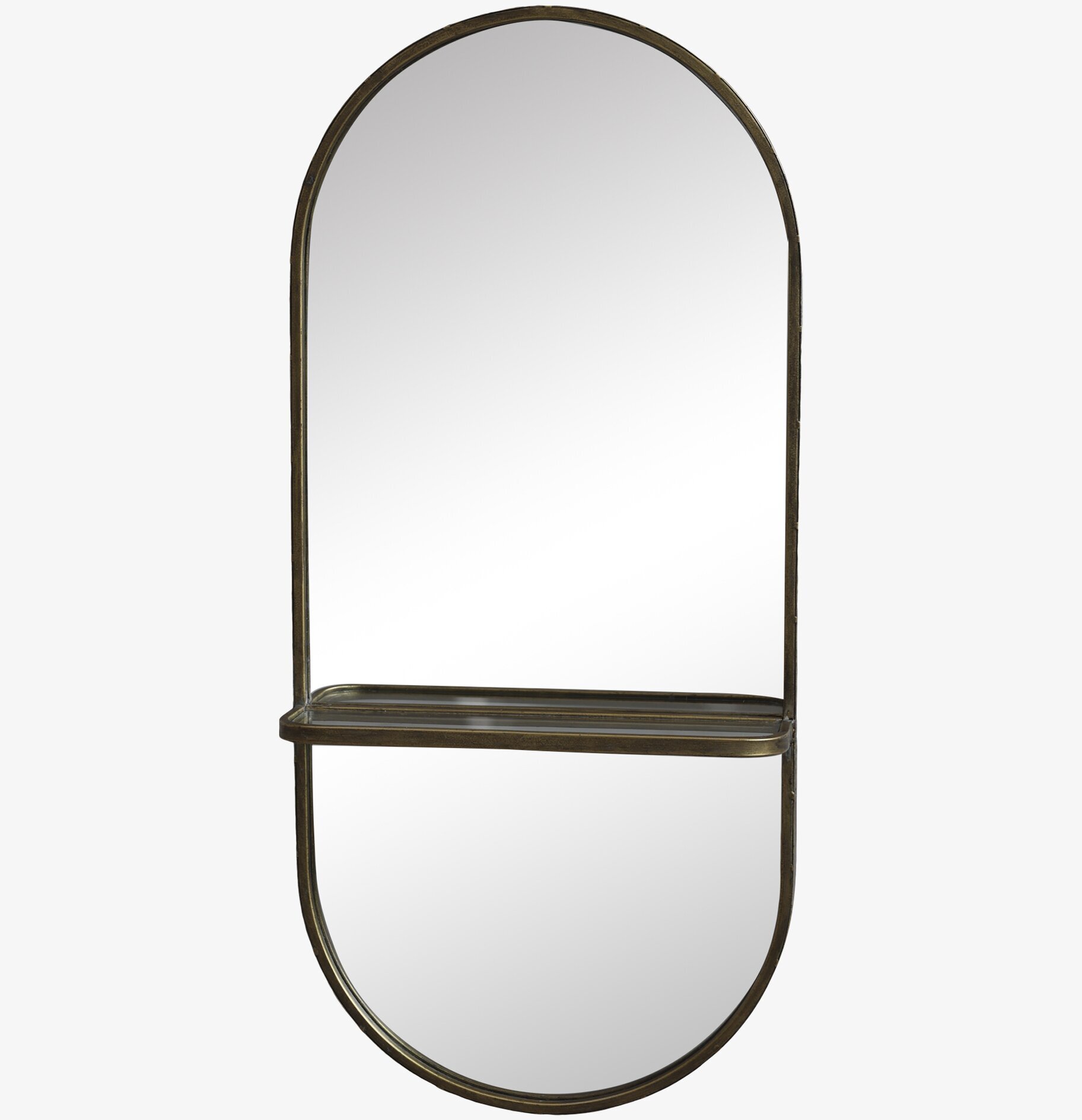 Foto av väggspegel med hylla i antik mässingsdesign