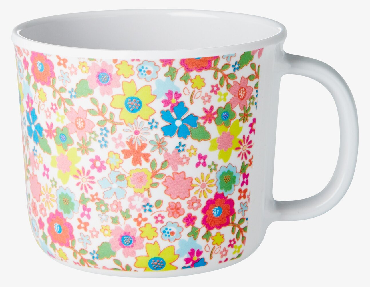 Foto av färgglad barnmugg med blommönster och vit bas