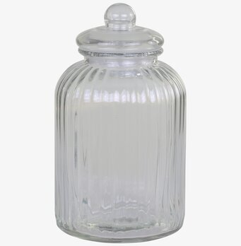 Bild av glasburk med lock och dekorativa räfflor