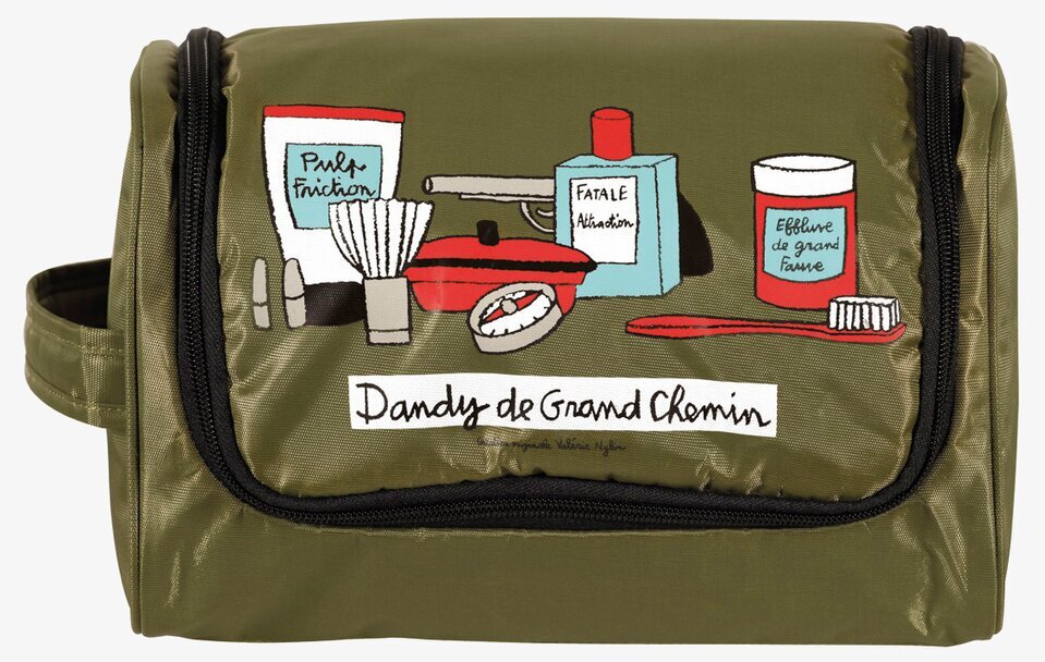 Bild av hängande necessär i olivgrönt med illustrationer