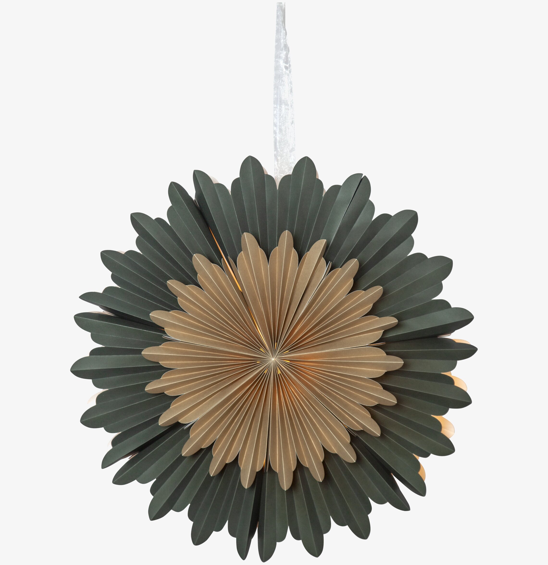 Pappersstjärna Crystal Grön/Guld från Star Trading hänger