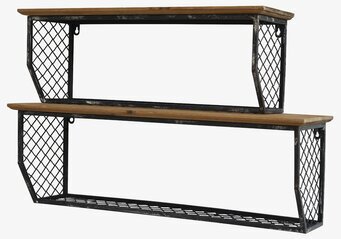 Foto av elegant industriell vägghylla i metall och trä