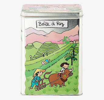 Bild av charmig plåtburk med lantlig illustration