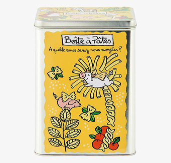 Bild av färgglad och humoristisk plåtburk för pasta