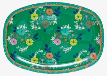 Bild av rektangulär tallrik med blommor och bladmönster