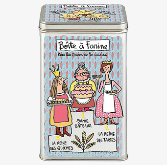 Bild av färgglad och humoristisk plåtburk för mjöl