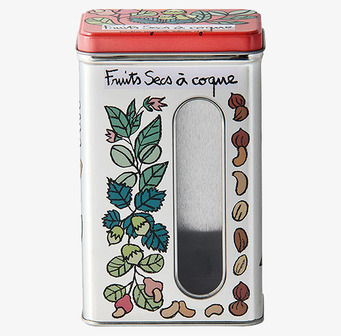 Bild av silverfärgad plåtburk för nötter och frukt