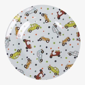 Bild av färgglad barnvänlig tallrik med fordonstema