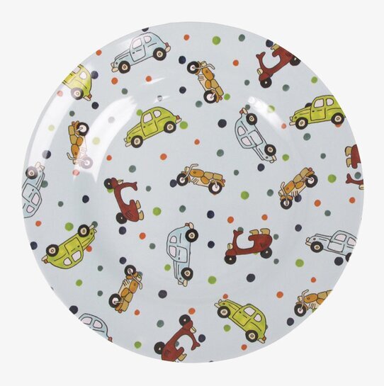 Bild av färgglad barnvänlig tallrik med fordonstema