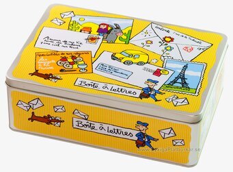 Bild av färgglad plåtburk med vykort och illustrationer