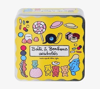 Bild av färgglad plåtburk med godisillustrationer