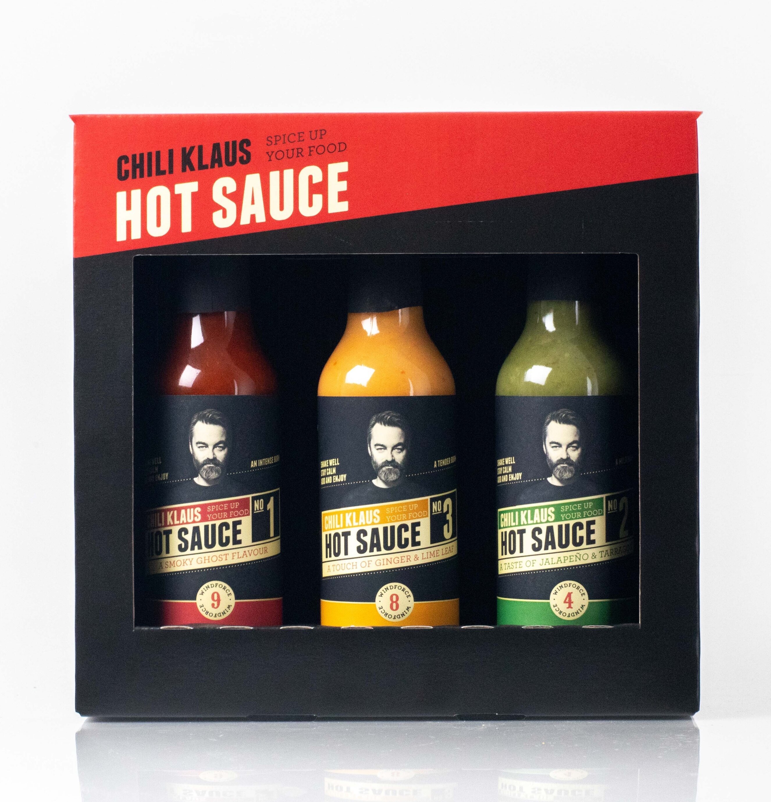 Hot Sauce Classic 3-Pack från Chili Klaus i svart förpackning