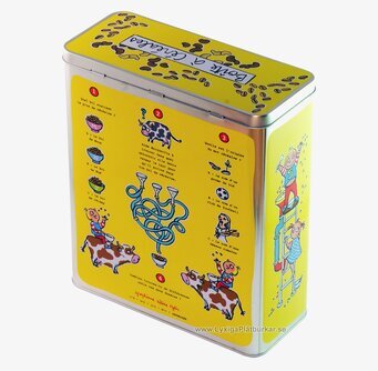 Bild av lekfull plåtburk med färgglada illustrationer