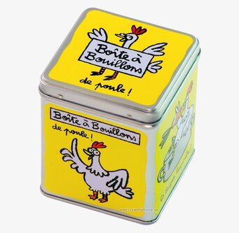 Bild av färgglad fyrkantig plåtburk med hönsdesign