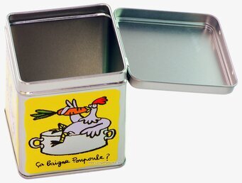 Bild av kvadratisk plåtburk med humoristisk design