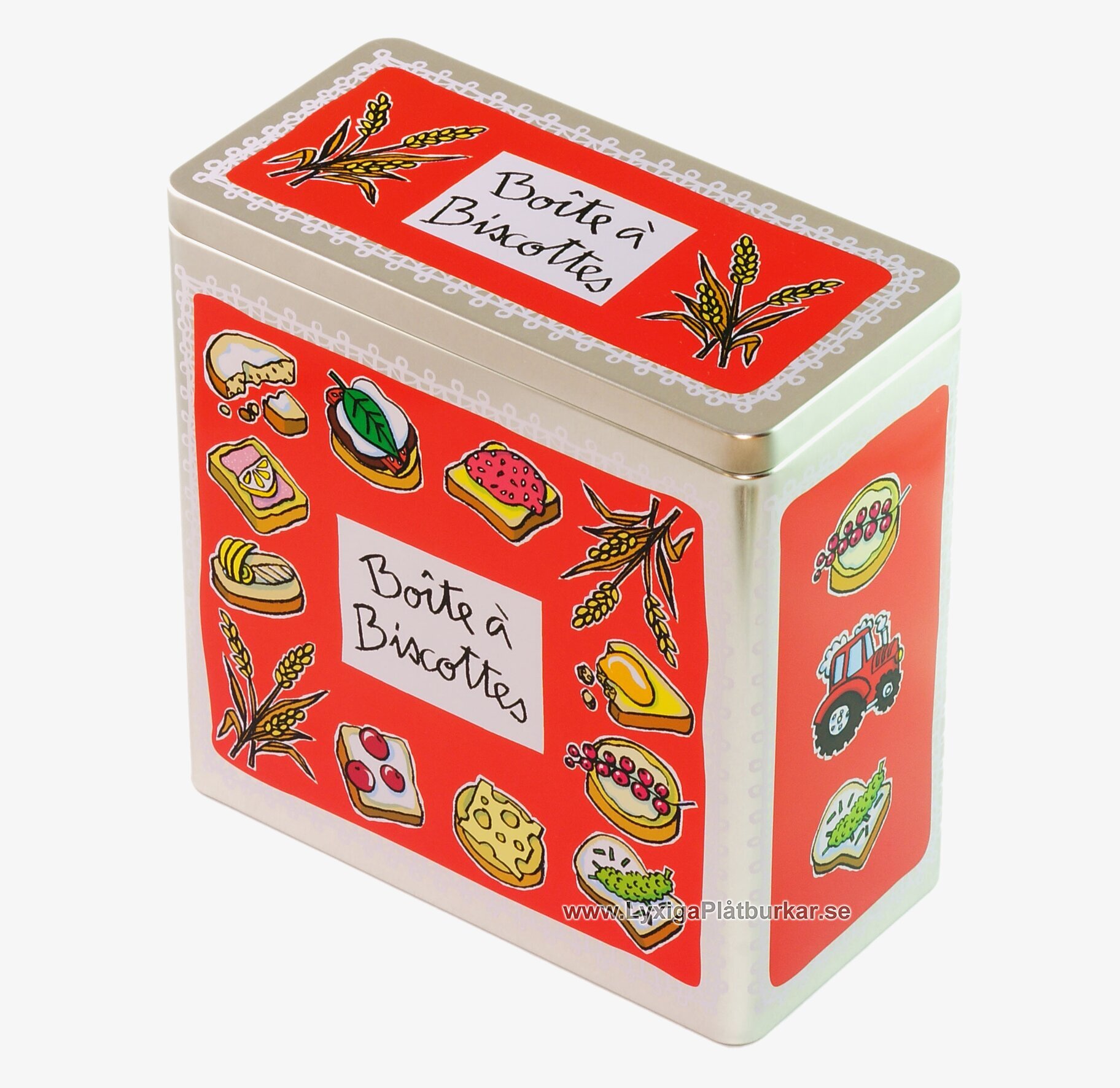 Bild av röd plåtburk med färgglada illustrationer