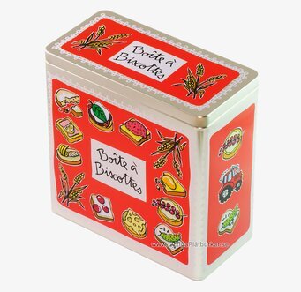 Bild av röd plåtburk med färgglada illustrationer