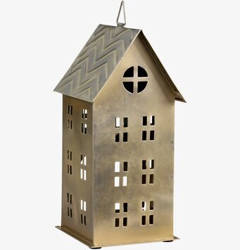 Bild av ljuslykta i form av ett hus i antik mässing