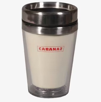 Bild av stilren vaniljfärgad termosmugg med stålkant