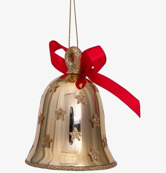 Foto av glittrande julgranshänge med röd rosett