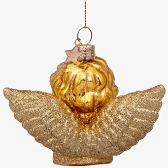 Bild av en glänsande guldängel som julgranshänge