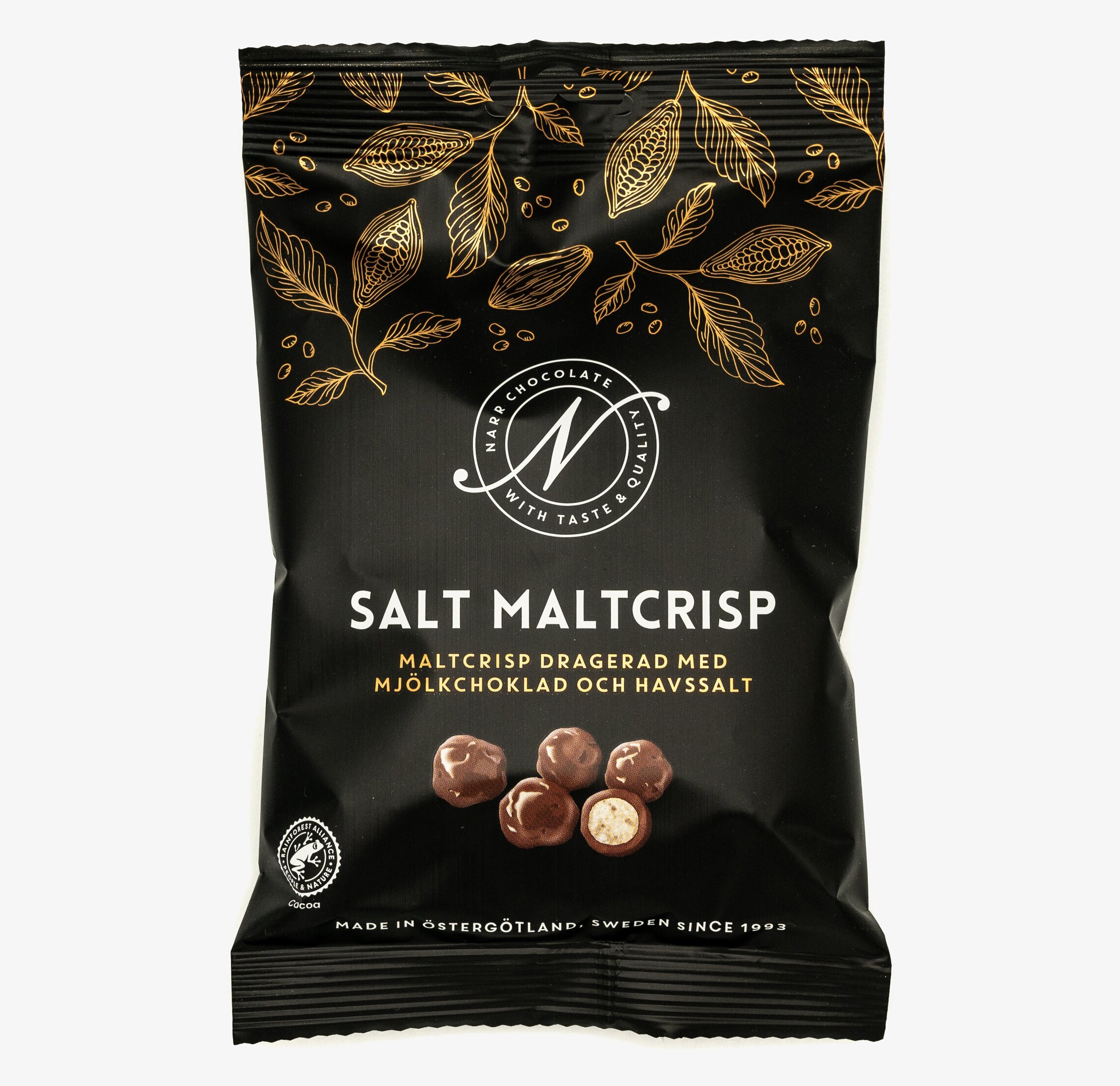 Narr Chocolate Salt Maltcrisp i elegant svart förpackning
